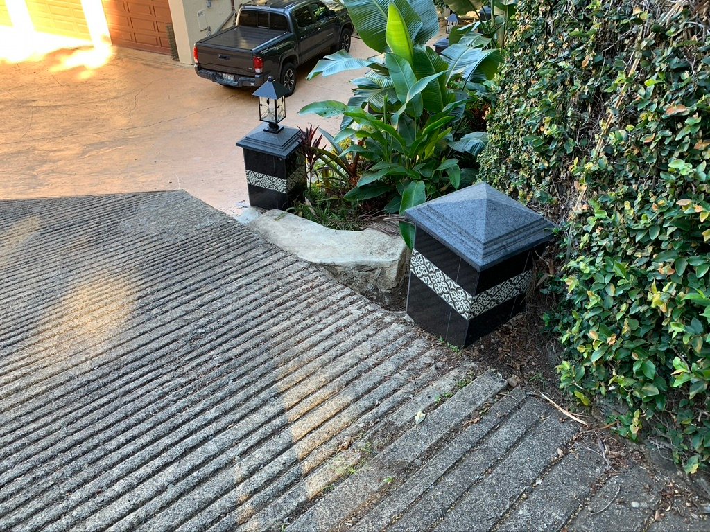 Project Gallery Granite pyramid-cap pier paired with tile-inlay lantern post