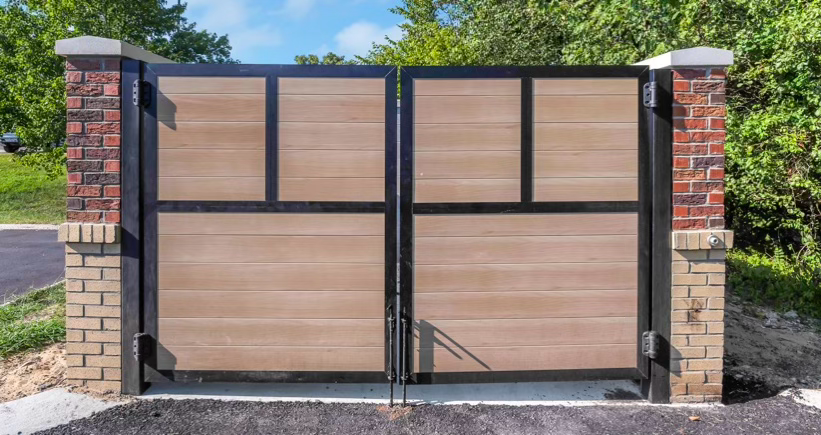 Project Gallery Woodgrain aluminum double swing gate mounted between brick pillars at a residential driveway entry
